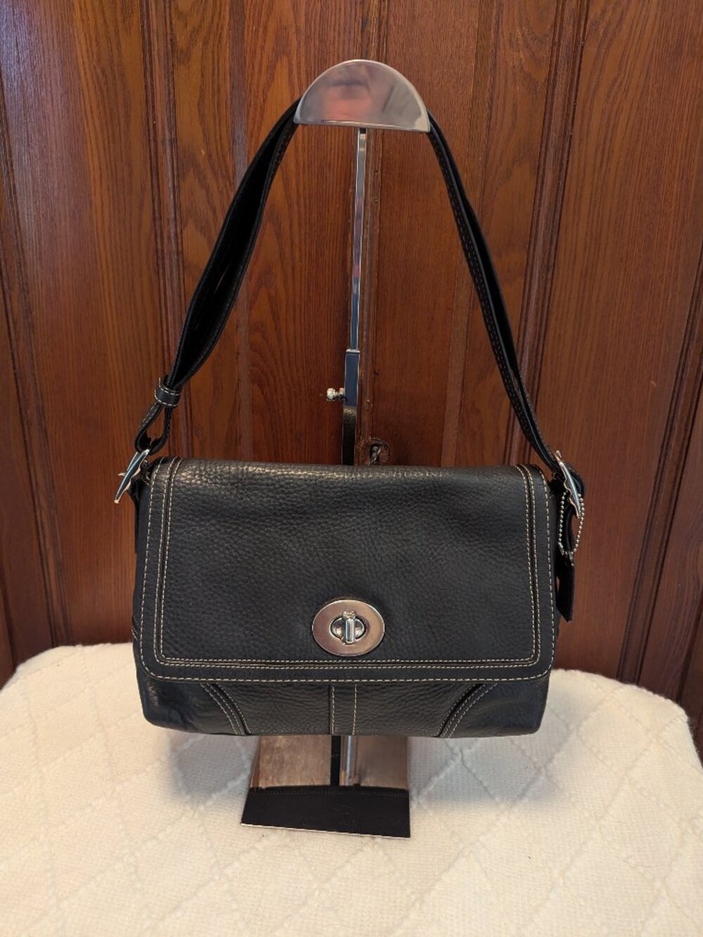 COACH Hamilton Black Pebble Leather Convertible Shoulder Crossbody Bag (F13085)